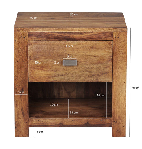 Rootz Bedside Table - Solid Sheesham Wood - Brown Nightstand with Drawer and Storage Compartment - Country Style Real Wood Bedside Cabinet - 40 x 40 x 30 cm