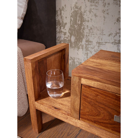 Rootz Bedside Table - Solid Wood Bedside Table - - Newspaper Rack - Drawer - Side Table - Brown