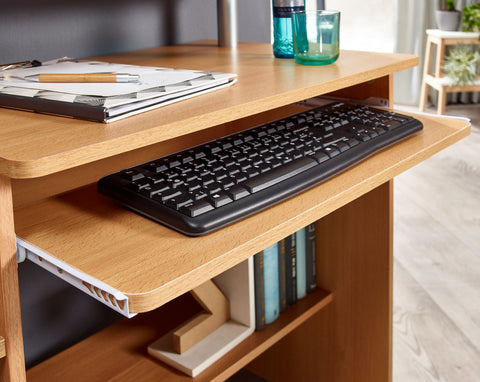 Rootz Computer Desk - Beechwood - Keyboard Extension - Space-saving PC Table with Printer Storage - Desk for Small Rooms - 94 x 90 x 48 cm