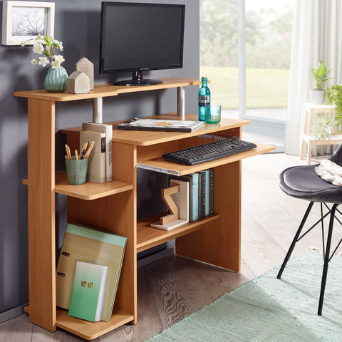 Rootz Computer Desk - Beechwood - Keyboard Extension - Space-saving PC Table with Printer Storage - Desk for Small Rooms - 94 x 90 x 48 cm