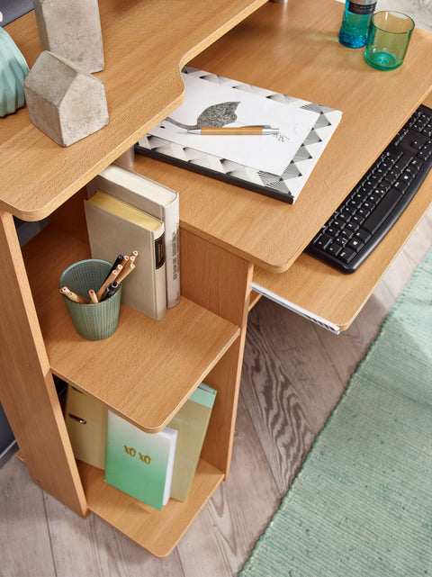 Rootz Computer Desk - Beechwood - Keyboard Extension - Space-saving PC Table with Printer Storage - Desk for Small Rooms - 94 x 90 x 48 cm