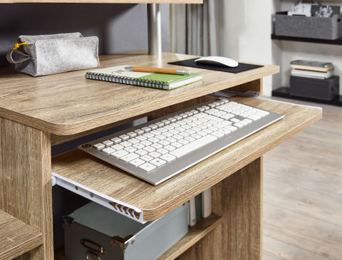 Rootz Computer Desk - Sonoma Oak - Keyboard Extension - Space-saving PC Table with Printer Storage - Desk for Small Rooms - 94 x 90 x 48 cm