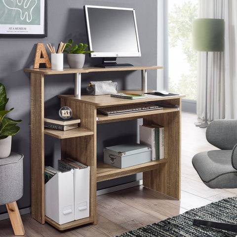 Rootz Computer Desk - Sonoma Oak - Keyboard Extension - Space-saving PC Table with Printer Storage - Desk for Small Rooms - 94 x 90 x 48 cm