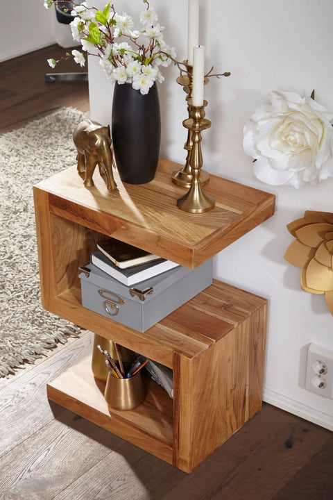 Rootz Side Table - Solid Wood - Acacia S Cube - 60 cm - Brown Design Coffee Table in Country Style
