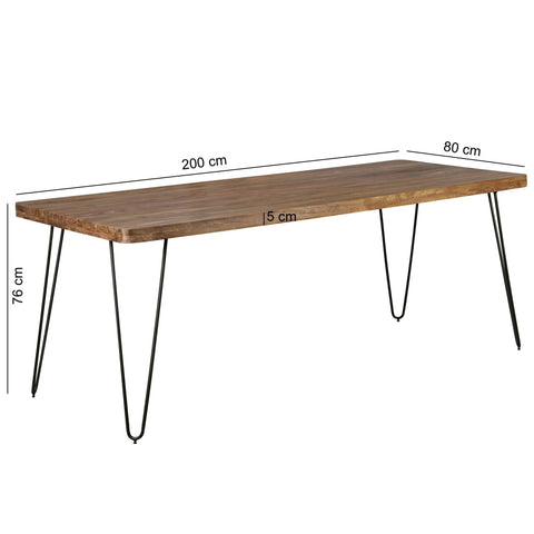 Rootz dining table solid wood Sheesham 200cm dining table wooden table Metal legs kitchen table Landhaus dark-brown