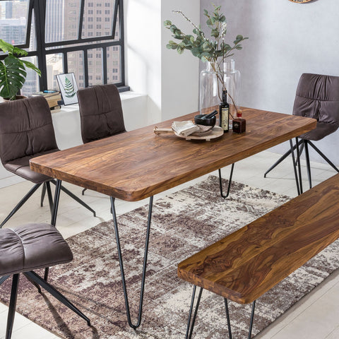 Rootz dining table solid wood Sheesham 180 cm dining table wooden table Metal legs kitchen table Landhaus dark-brown