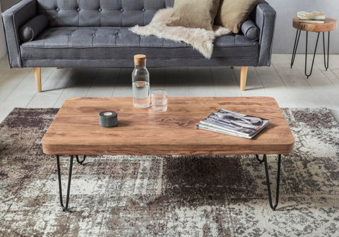 Rootz Coffee Table - Solid Wood Acacia - Metal Legs - Country-Style - Side Table - 115 cm Wide