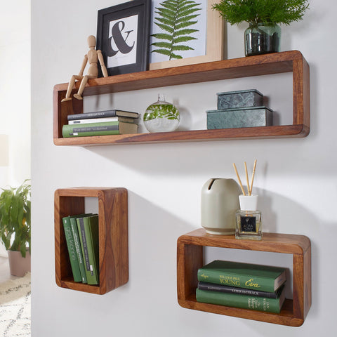 Rootz Wall Shelves - Set of 3 - Sheesham Wood - Country Style - Rustic Design - Square Hanging Shelves - Real Wood - Wall Shelves - Hanging Dice - Shelf Wall Boxes