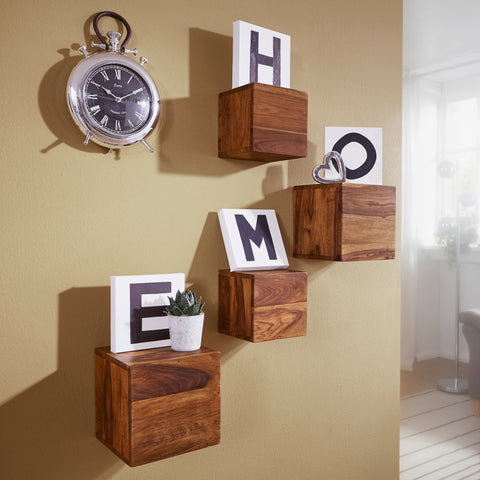 Rootz Wall Shelves - Set Of 4 - Blocks - 25/20 cm - Brown - Solid Wood - - Decoration