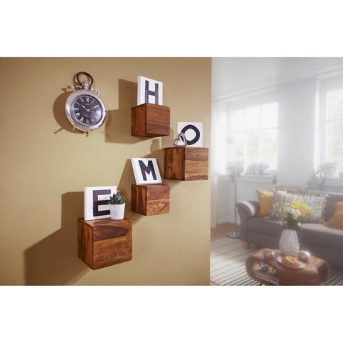 Rootz Wall Shelves - Set Of 4 - Blocks - 25/20 cm - Brown - Solid Wood - - Decoration