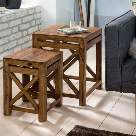 Rootz Side Tables - Set of 2 - Wood Sheesham -Solid Dark Brown - Country Style Living Room - Coffee Table Set