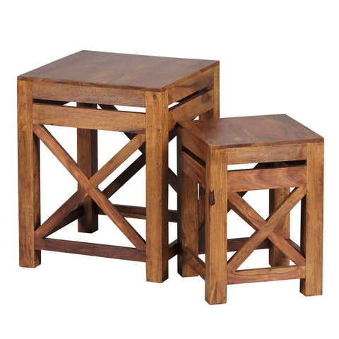 Rootz Side Tables - Set of 2 - Wood Sheesham -Solid Dark Brown - Country Style Living Room - Coffee Table Set