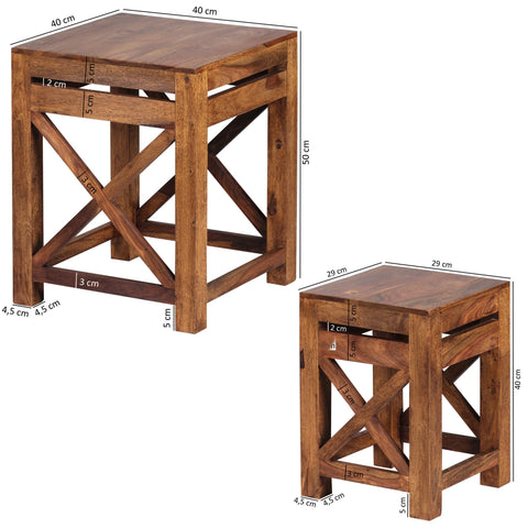 Rootz Side Tables - Set of 2 - Wood Sheesham -Solid Dark Brown - Country Style Living Room - Coffee Table Set