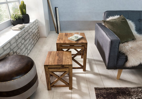 Rootz Side Tables - Set of 2 - Wood Sheesham -Solid Dark Brown - Country Style Living Room - Coffee Table Set