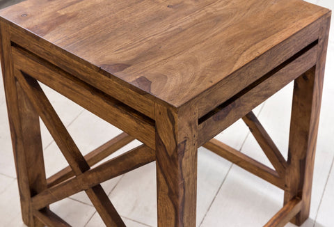 Rootz Side Tables - Set of 2 - Wood Sheesham -Solid Dark Brown - Country Style Living Room - Coffee Table Set
