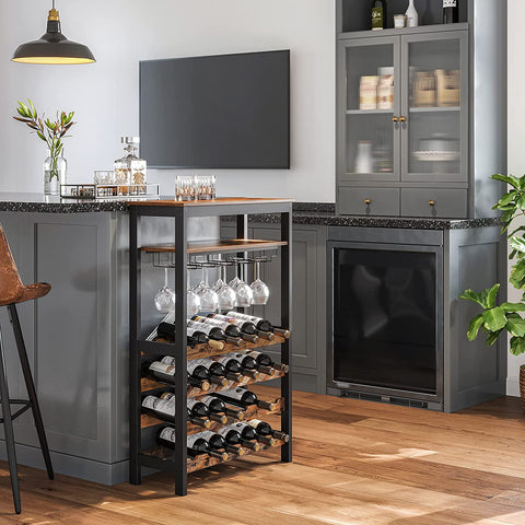 Rootz Wine Rack with Glass Holders - Wine Holder - Bottle Rack - Standing - Industrial - Brown and Black - 66 x 30 x 100 cm