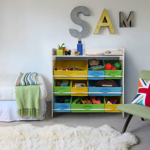 Rootz´s Toy organizer with 9 removable bins made of non-woven fabric - Storage space - Bookshelf - Storage cabinet - Toy organizer - Toy cabinet - Wooden frame - MDF - White