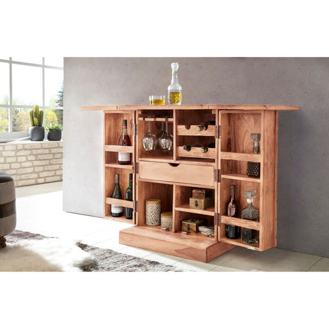 Rootz Home Bar - Fold-out Bar - Display Cabinet - Wine Storage - Beverage Storage - Solid Wood Acacia - Country Style - Bar Cabinet