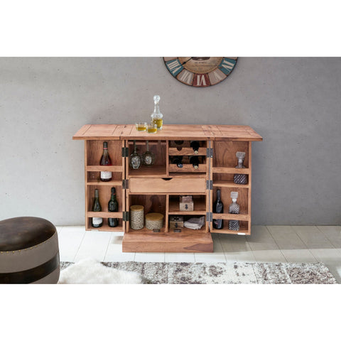 Rootz Home Bar - Fold-out Bar - Display Cabinet - Wine Storage - Beverage Storage - Solid Wood Acacia - Country Style - Bar Cabinet