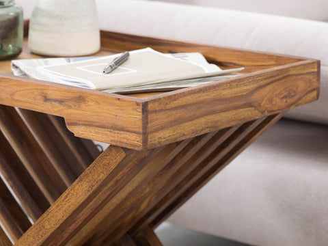 Rootz Folding Table - Sheesham - Solid Wood Design with Serving Tray - Foldable Country Style Table