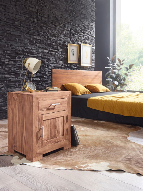 Rootz Bedside Table - Acacia Wood - Design with Drawer and Door - Ideal for Box Spring Bed - 60 cm