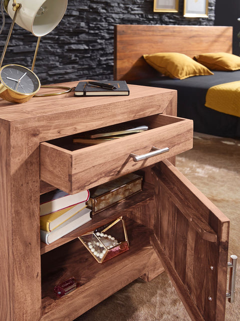 Rootz Bedside Table - Acacia Wood - Design with Drawer and Door - Ideal for Box Spring Bed - 60 cm