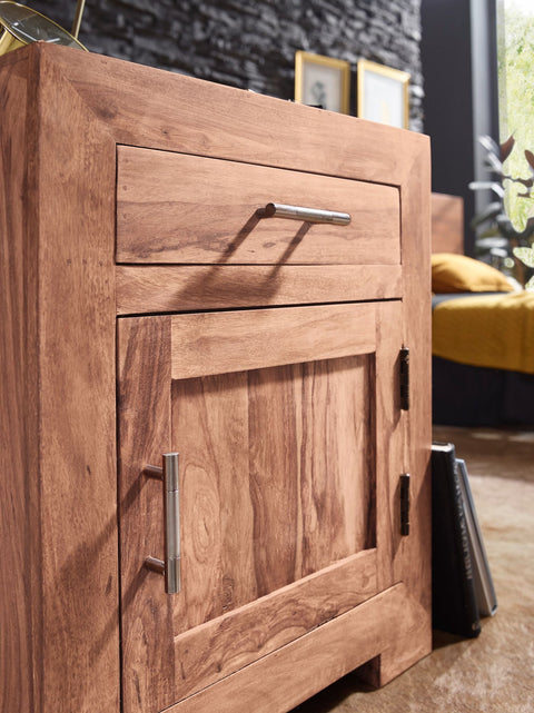Rootz Bedside Table - Acacia Wood - Design with Drawer and Door - Ideal for Box Spring Bed - 60 cm