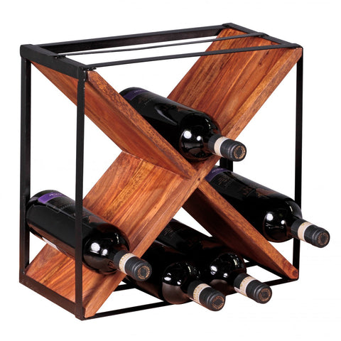 Rootz Wine Rack - Sheesham Wood - Metal Frame X-Shaped Stand Shelf for Approximately 16 Bottles