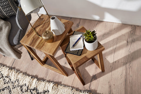 Rootz Side Tables - Set of 2 Sheesham Solid Wood - Design Lounge Tables - Square Bedside Table Set in Country Style