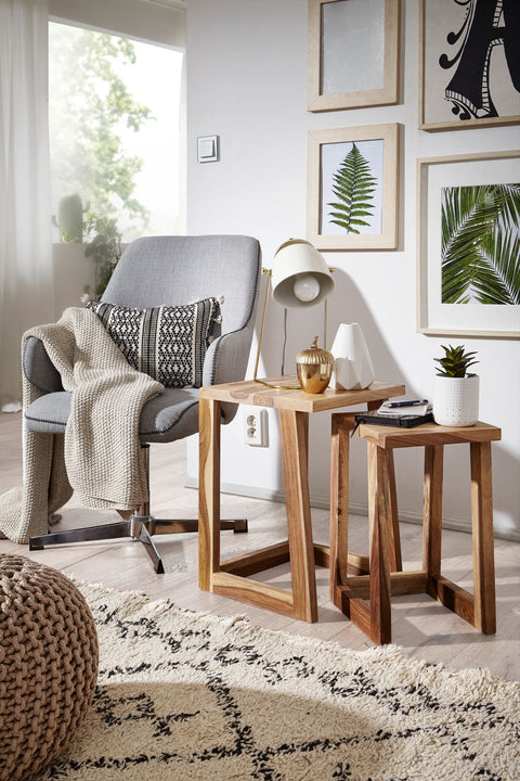 Rootz Side Tables - Set of 2 Sheesham Solid Wood - Design Lounge Tables - Square Bedside Table Set in Country Style