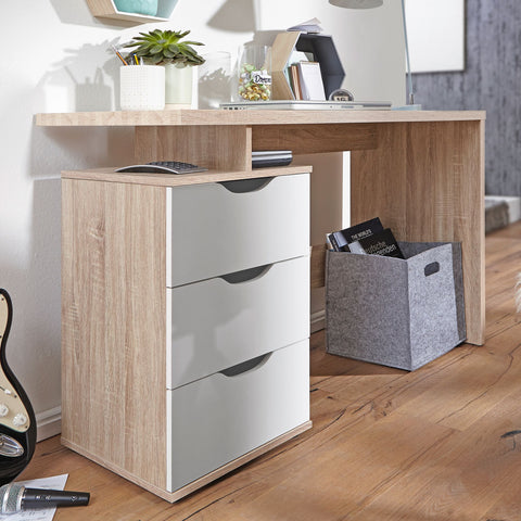 Rootz Computer Desk with 3 Drawers - Modern Sonoma White - Space-Saving Laptop Table with Shelf - Ideal for Teenagers - 120 x 76 x 53 cm -