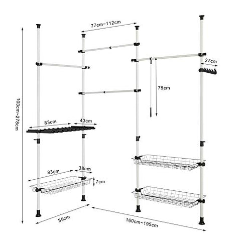 Rootz Telescopic Wardrobe Organizer - Hanging Rail - Clothes Rack - Storage Shelving