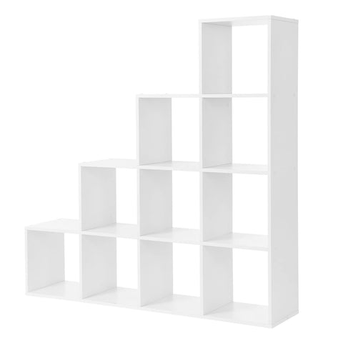 Rootz Bookcase - Stairs with 10 Cube Compartments - Wooden Display Shelf - Room Divider - White