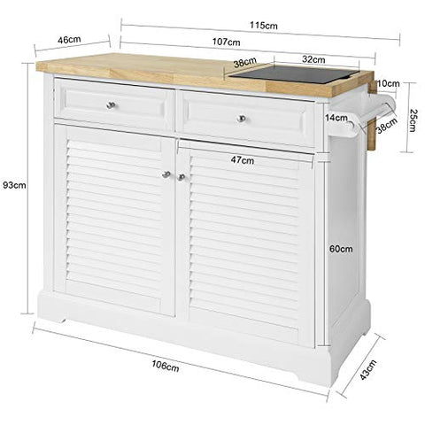 Rootz Extendable Kitchen Storage Trolley Kitchen Cabinet Cupboard Sideboard Kitchen Island with Rubber Wood & Marble Top