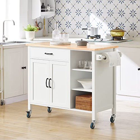 Rootz Kitchen Storage Trolley Cart with Rubber Wood Worktop - Kitchen Cabinet Cupboard Sideboard on Wheels