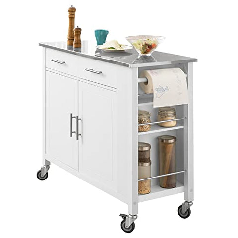 Rootz Kitchen Storage Trolley Cart with Stainless Steel Worktop-Kitchen Island Kitchen Cabinet Cupboard Sideboard on Wheels