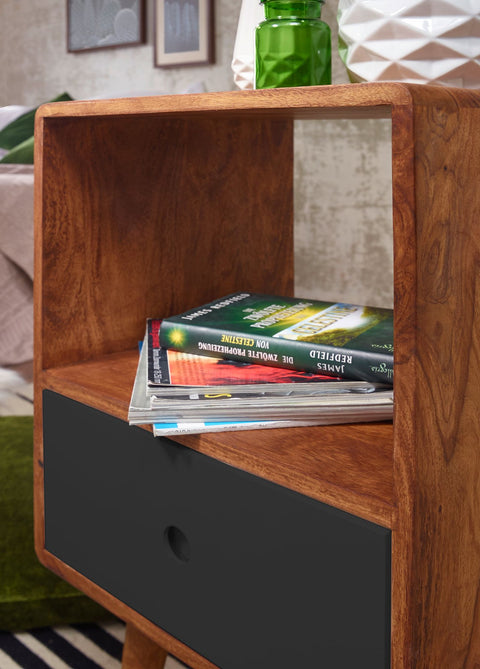Rootz Nightstand -  Retro - Sheesham Wood - Dark Brown/Black - Design Nightstand - Large Bedside Table - 40x35x70 cm