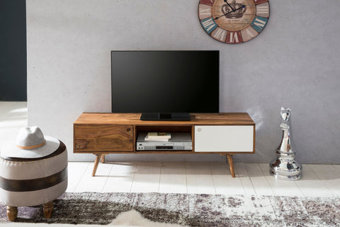 Rootz TV Lowboard - Country TV Unit with 2 Doors & 1 Drawer - Shelf Cabinet Sideboard - Sheesham Solid Wood - 140 cm