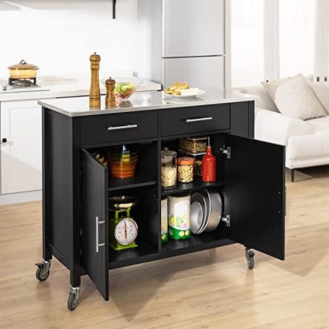 Rootz Kitchen Storage Trolley Cart with Stainless Steel Worktop-Kitchen Island Kitchen Cabinet Cupboard Sideboard on Wheels