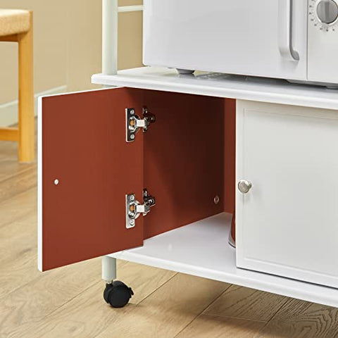 Rootz White Microwave Shelf - Kitchen Wheeled Storage Trolley - Kitchen Cabinet - 3 Shelves + 1 Cabinet