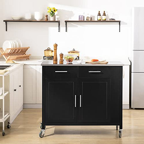 Rootz Kitchen Storage Trolley Cart with Stainless Steel Worktop-Kitchen Island Kitchen Cabinet Cupboard Sideboard on Wheels