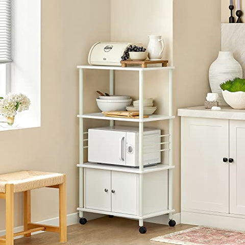Rootz White Microwave Shelf - Kitchen Wheeled Storage Trolley - Kitchen Cabinet - 3 Shelves + 1 Cabinet