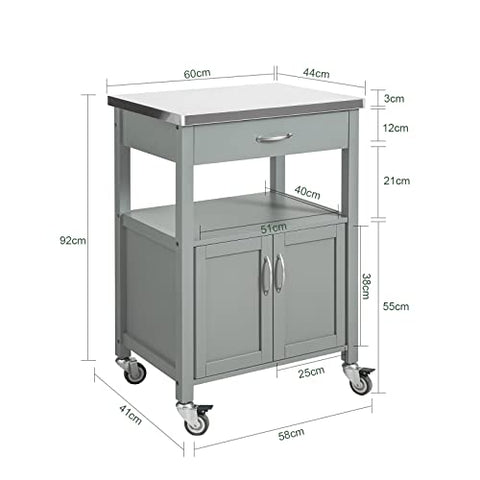 Rootz Kitchen Trolley Cart Storage Trolley Serving Trolley Kitchen Cabinet with Stainless Steel Worktop
