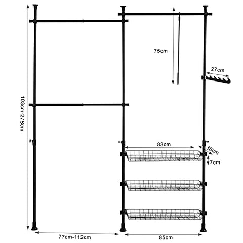 Rootz Telescopic Wardrobe Organizer - Hanging Rail - Clothes Rack Storage Shelving
