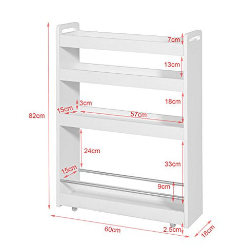 Rootz White 4 Tiers Serving Trolley - Slide Out Storage Rack Shelf on Wheels