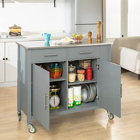 Rootz Kitchen Storage Trolley Cart with Stainless Steel - Worktop-Kitchen Island - Kitchen Cabinet - Cupboard - Sideboard on Wheels