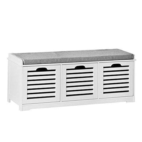 Rootz White Storage Bench with 3 Drawers & Removable Seat Cushion-Shoe Cabinet Shoe Bench
