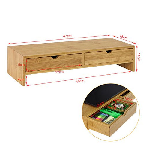 Rootz Bamboo Monitor Stand Computer Screen- Monitor Stand Monitor Riser Desk Organizer with 2 Drawers