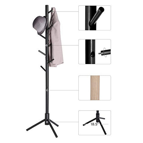 Rootz Coat Stand - Coat Rack Stand - Freestanding Coat Stand - Wooden Coat Stand - Hallway Coat Stand - Standing Coat Stand - Coat Stand With Hooks - Rubberwood - Black - 47 x 47 x 175 cm (L x W x H)