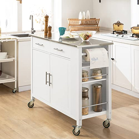 Rootz Kitchen Storage Trolley Cart with Stainless Steel Worktop-Kitchen Island Kitchen Cabinet Cupboard Sideboard on Wheels